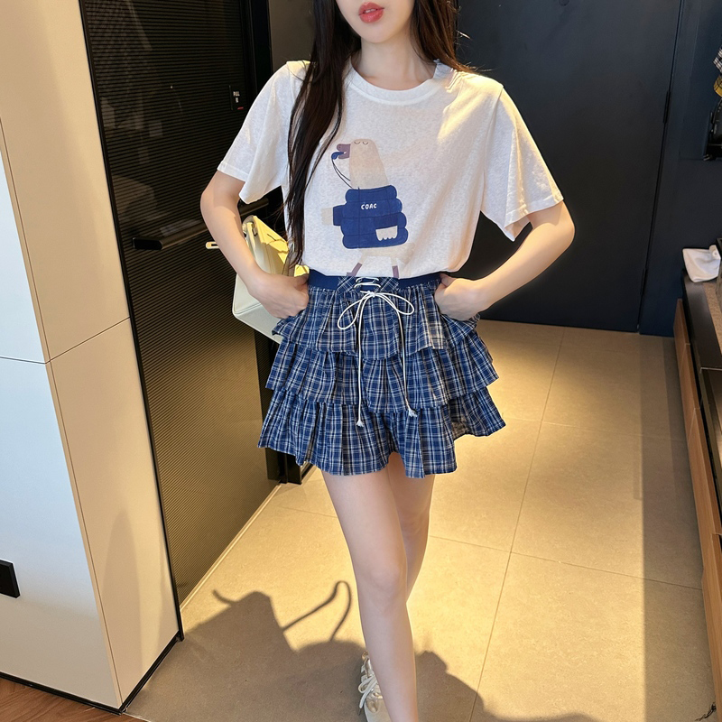 夏季新款百搭印花T恤上衣重工多层蛋糕格子短裙套装女
