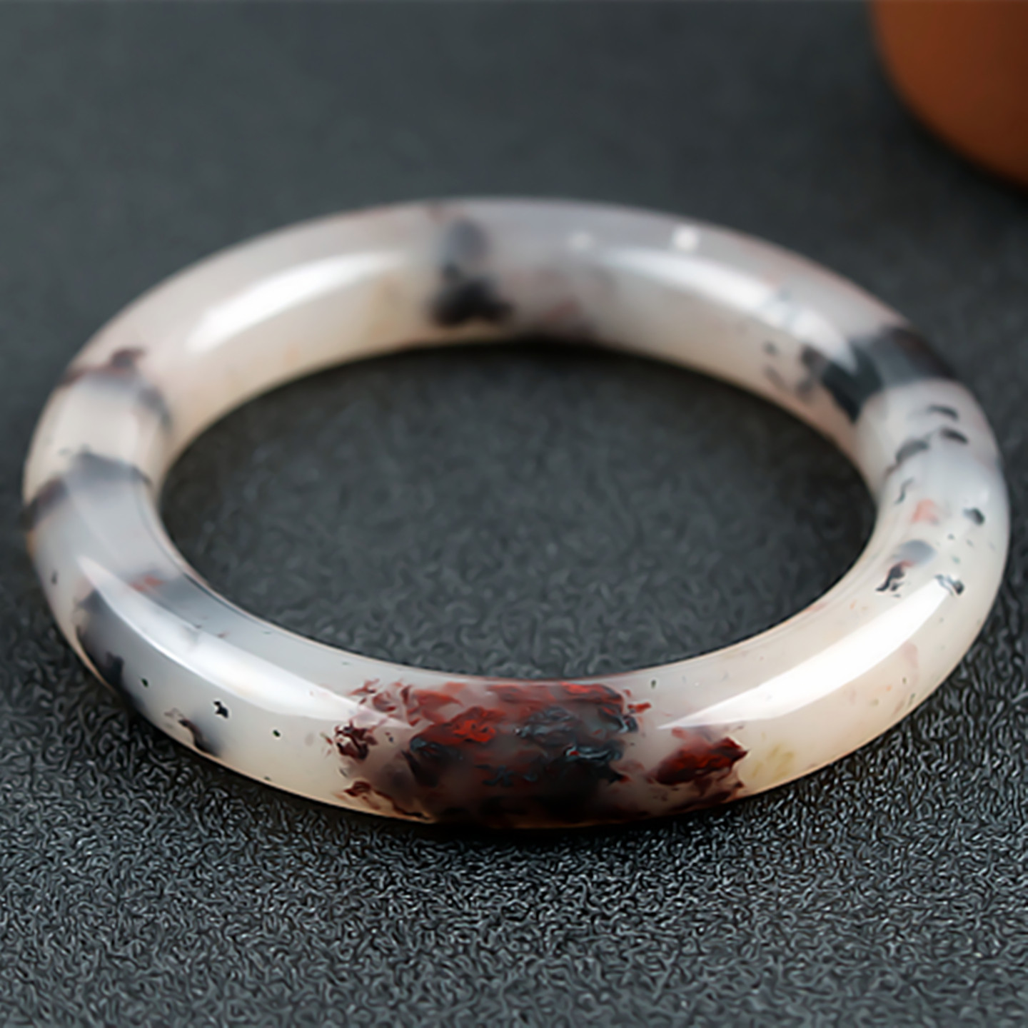 桂林鸡血玉手镯冰种水墨画荔枝冻56圈口正品广西天然玉石镯子女