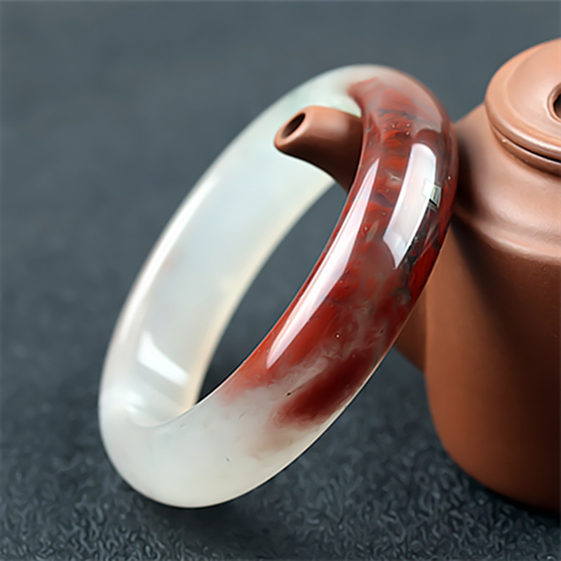 收藏级 桂林鸡血玉手镯高冰种三彩贵妃料54圈口正品天然玉石镯子