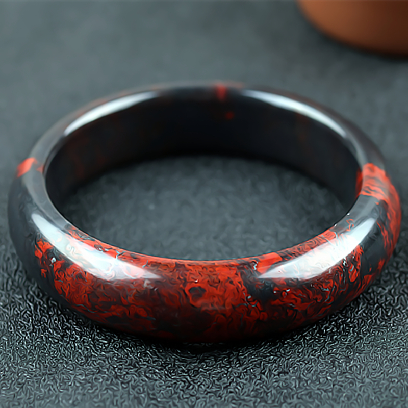 桂林鸡血玉手镯黑底红半山半水乾坤料63圈口正品广西天然玉石镯子