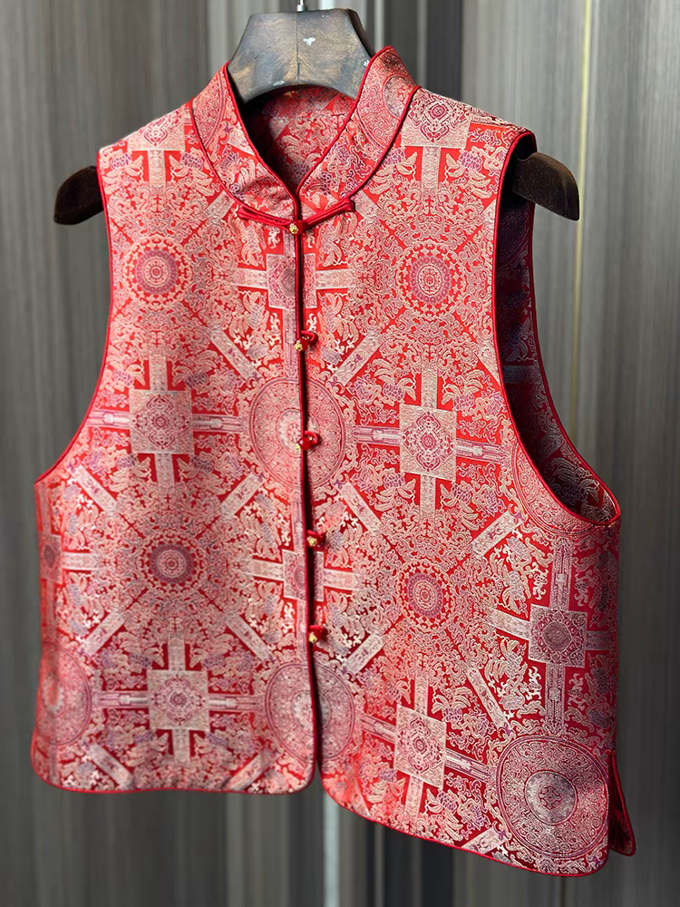 【里外全100%桑蚕丝宋锦红八达晕马甲】内里素绉缎dz160