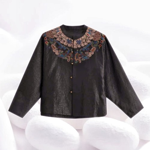 [金丝盘绳云肩外套]100%桑蚕丝原龟香云纱刺绣奢品上衣dz500