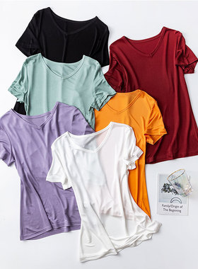 【蚕丝短袖T恤】v领打底衫必入！纯色针织上衣女士针织衫舒服al01