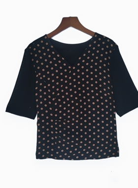 【V领波点青花瓷打底衫】100%桑蚕丝香云纱短袖套头上衣dz206