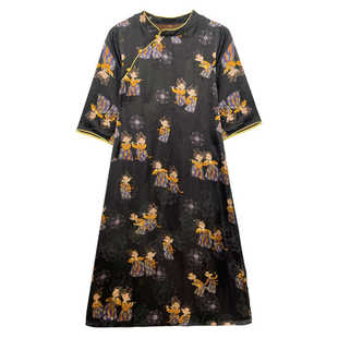 【仕女图连衣裙】香云纱百搭黑底花萝斜襟袍子cy5232