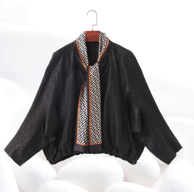 【飘带黑龟夹克】100%桑蚕丝香云纱龟裂纹衬衫长袖开衫上衣dz202