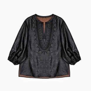 老油龟民族风重工刺绣衬衣kp203 100%桑蚕丝龟纹黑胶绸上衣