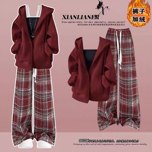 秋冬季圣诞新年战袍套装女红色本命年外套中大童加绒阔腿裤三件套