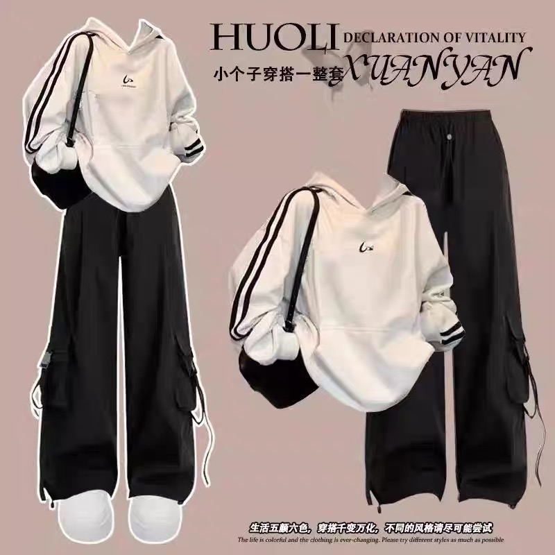 韩系穿搭套装早秋中大童美式三条杆卫衣休闲复古风工装裤两件套潮