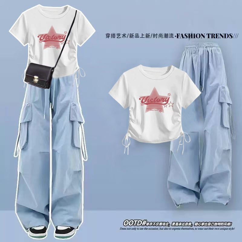 初中生多巴胺女夏装学院风洋气套装大童衣服少女时尚工装裤两件套图片