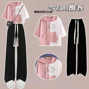 少女夏装上衣12-15岁中大童休闲连帽短袖初中生T恤冰丝裤两件套装