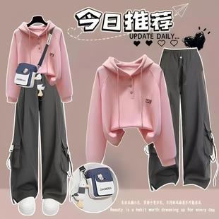 女中大童套装2025新款秋装连帽卫衣学院风长袖高腰工装裤两件套潮