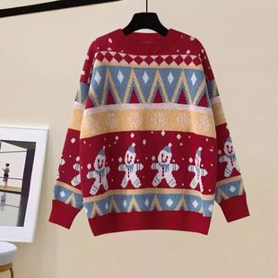 圣诞毛衣女红色新年衣服秋冬季少女装宽松慵懒复古过年战袍针织衫