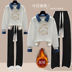 学院风初中生加绒套装女童秋冬新款时尚大童卫衣休闲阔腿裤两件套