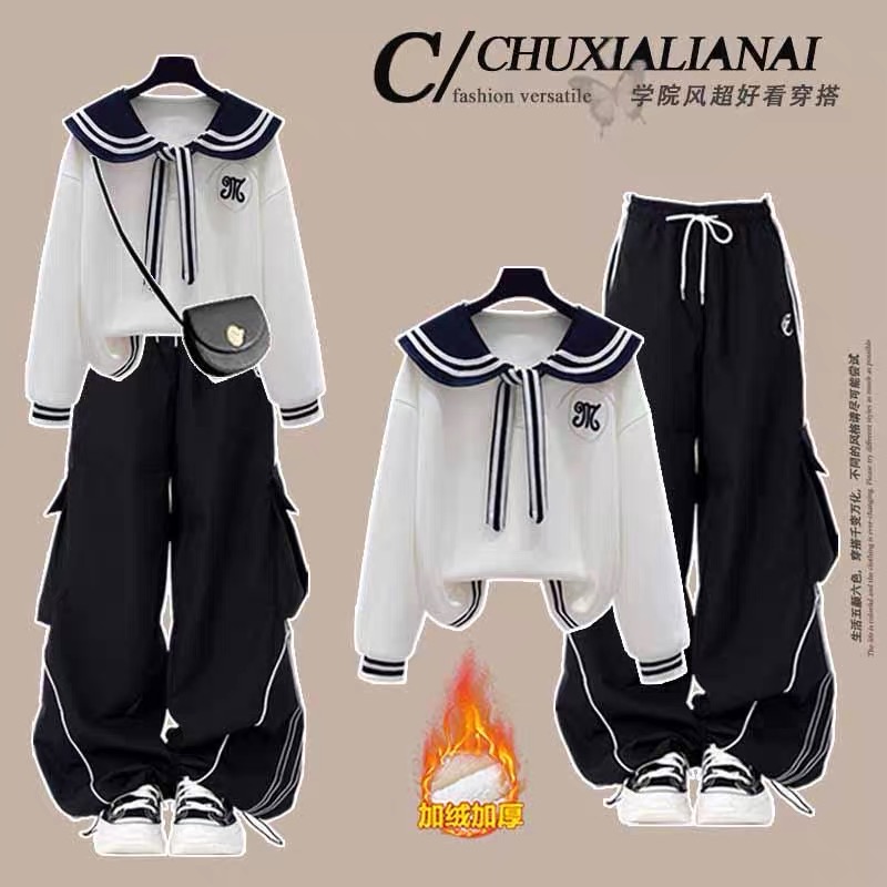 秋冬季加绒卫衣女保暖工装裤套装