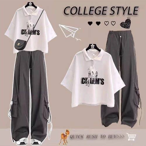 潮酷宽松短袖上衣工装裤两件套夏
