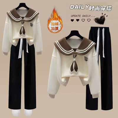 女大童秋冬加绒娃娃领卫衣两件套