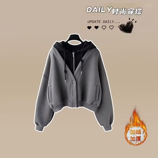 秋冬加绒加厚卫衣女高中生2024新款少女初中学生女大童连帽假两件