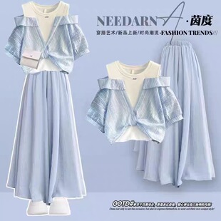 小清新夏日多巴胺绝美裤裙女孩夏季中大童假两件短袖上衣套装女生