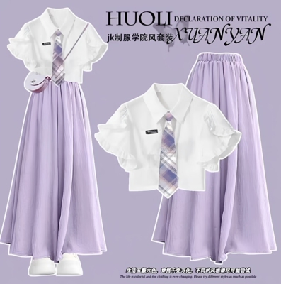 多巴胺大童裤裙女两件套夏季2026超火小个子学院风jk制服女童套装