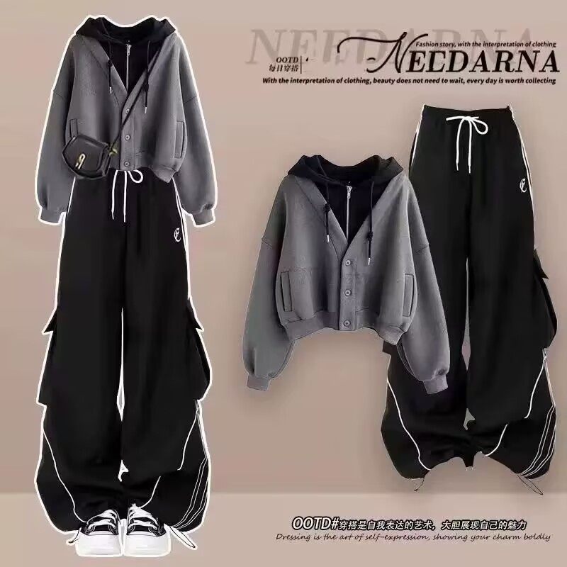 大童韩版女连帽长袖假两件卫衣2025秋冬季一整套穿搭工装阔腿裤潮,童装/婴儿装/亲子装,套装,淘宝优惠券,粉丝福利购,淘宝优惠卷