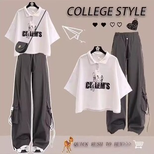 中大童2025夏套装女学生韩版宽松学院风Polo领T恤+工装裤两件套潮