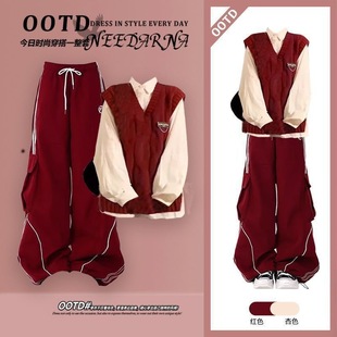 女大童新年红色毛衣女套装春秋季拜年服12岁初中15高中学生三件套