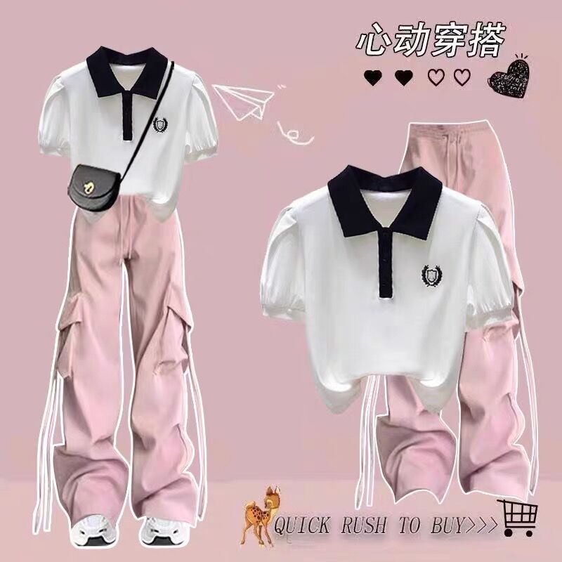 女童夏季女孩套装学院风中大童Polo领T恤工装裤休闲酷飒风两件套图片