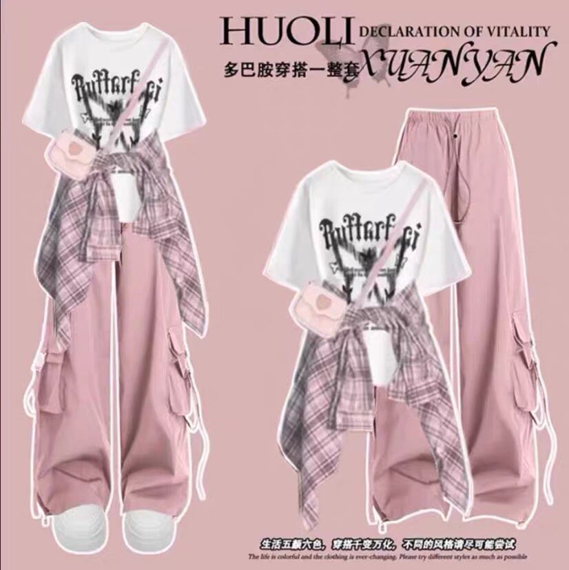 大童多巴胺街舞穿搭套装春夏季格子防晒衬衫短袖T恤工装裤三件套