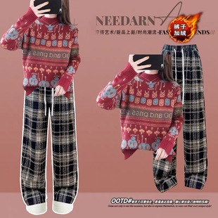 中大童过年衣服独特绝美圣诞战袍套装学院风红色加绒阔腿裤两件套