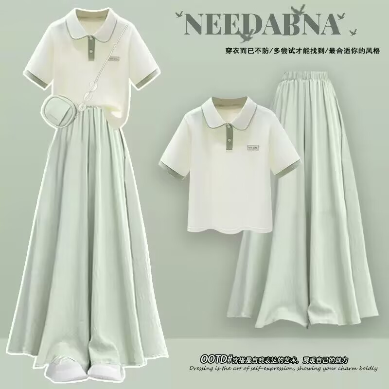 女中大童POLO领短袖裙裤两件套
