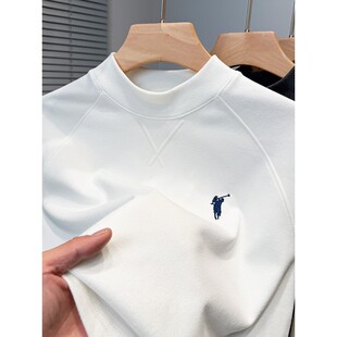 德荣绒打底衫男半高领秋冬季保罗刺绣长袖T恤男装纯色内搭插肩袖