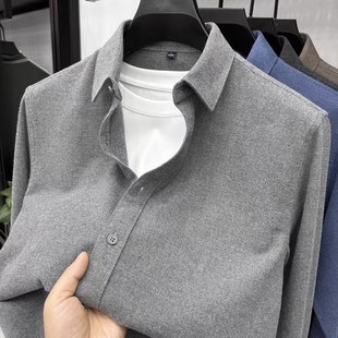轻奢羊毛呢子衬衫男长袖秋冬季厚款纯色商务休闲男士保暖衬衣外套