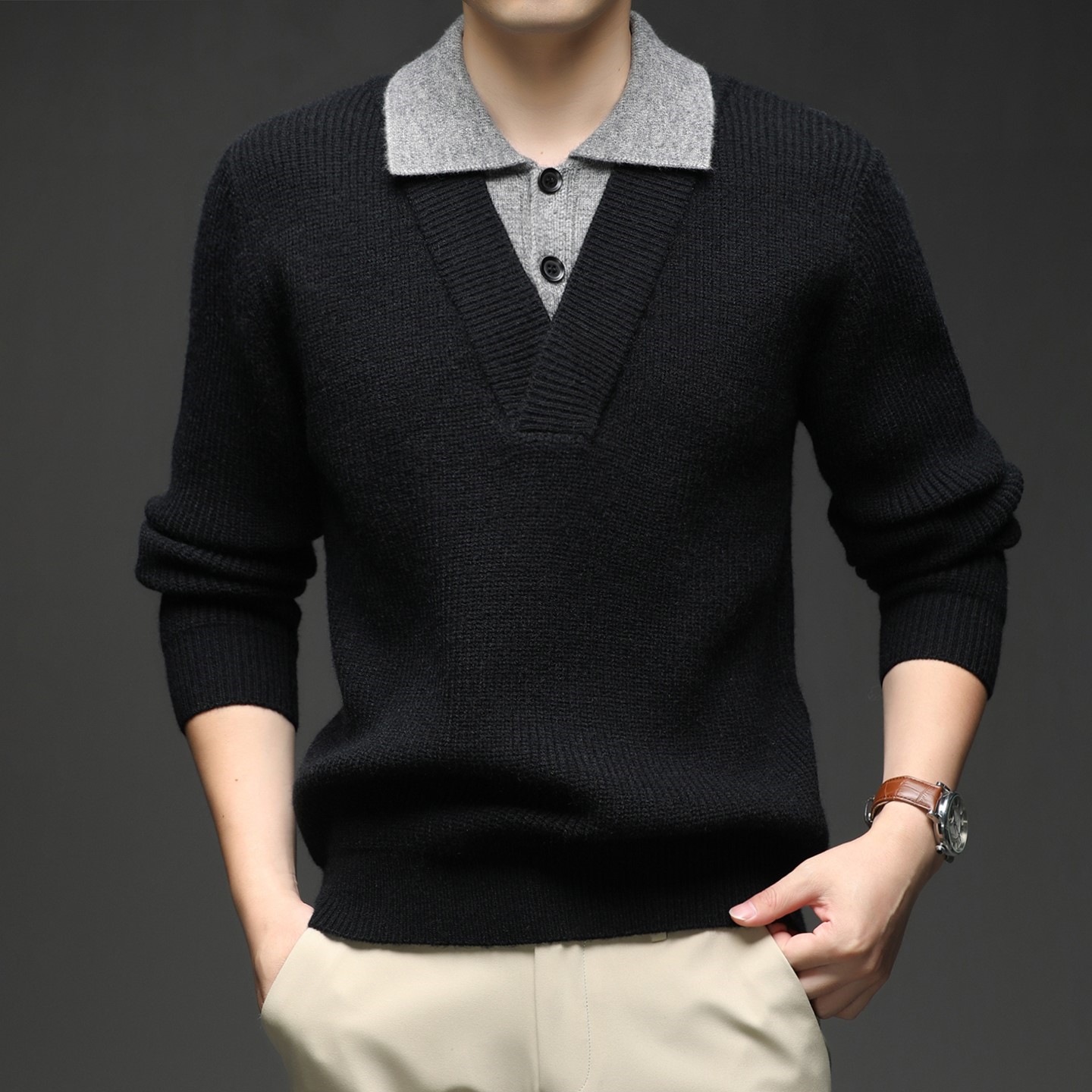 美式复古polo翻领毛衣男士秋冬季