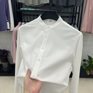 轻熟风穿搭男款立领纯棉长袖衬衫商务通勤风白色衬衣秋季外套宽松