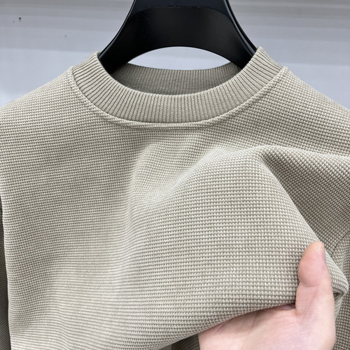 纯色一体绒华夫格卫衣男圆领秋冬季加绒加厚打底衫针织套头上衣潮