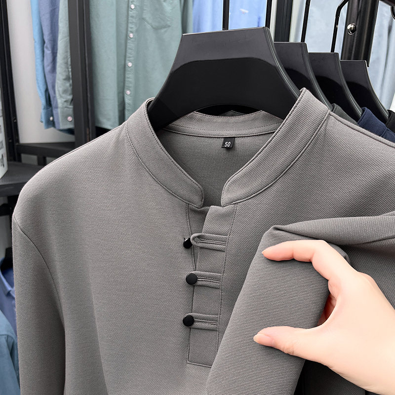 男士长袖T恤2024新款新中式小立领国风盘扣春秋上衣中年爸爸秋装