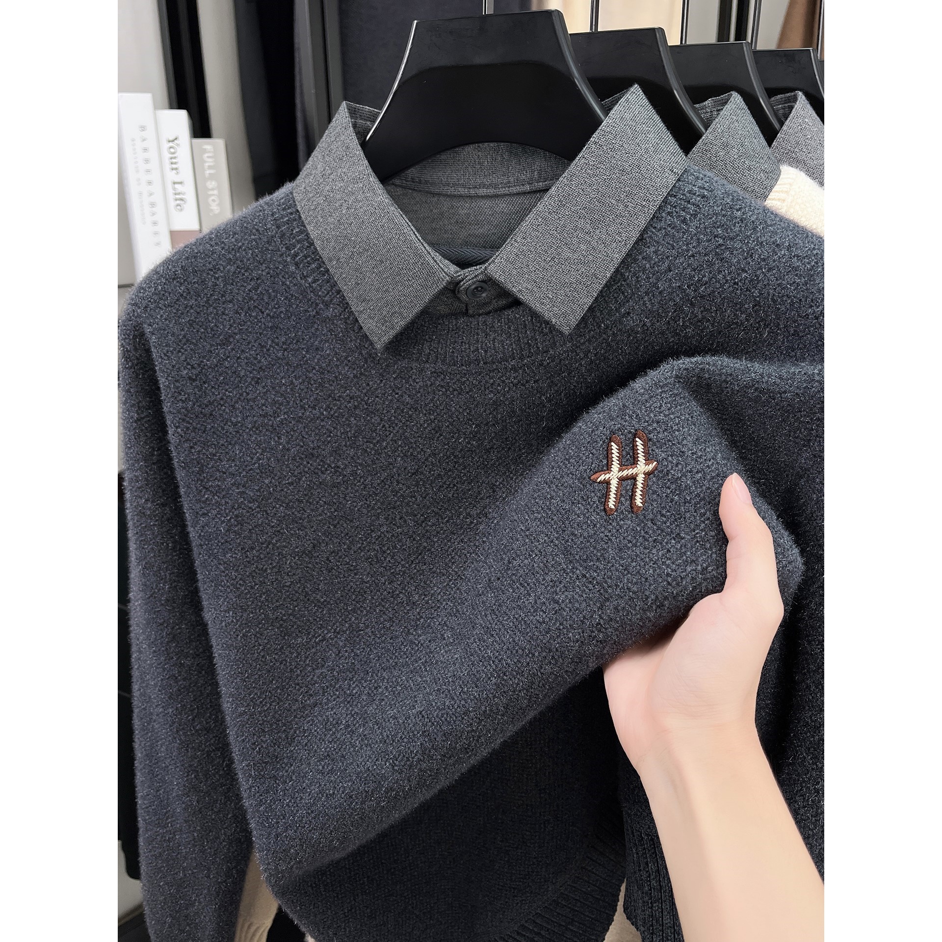 2025新款男士假两件衬衫领针织衫