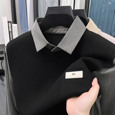 男士针织毛衣假两件春秋季衬衫领