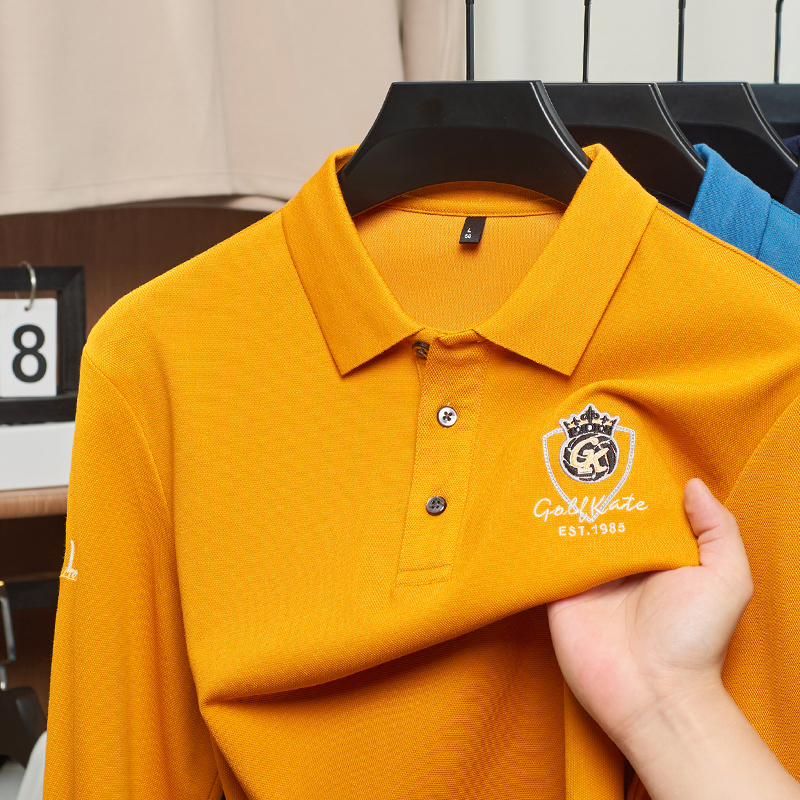 品牌秋季长袖翻领POLO衫男商务休闲纯色刺绣丝光记忆棉T恤春秋装