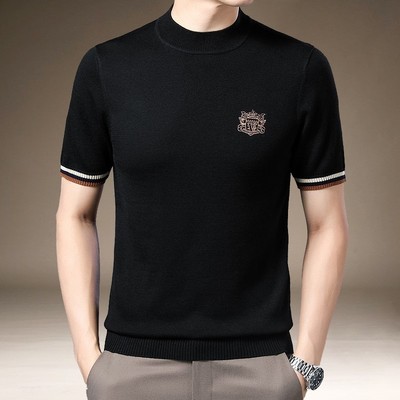 男士短袖毛衣冬季半袖羊毛衫男韩版修身半高领针织衫大码线衣体恤