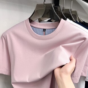 粉色半袖 新款 打底衫 时尚 上衣 下摆开衩短袖 百搭男士 t恤男2026夏季