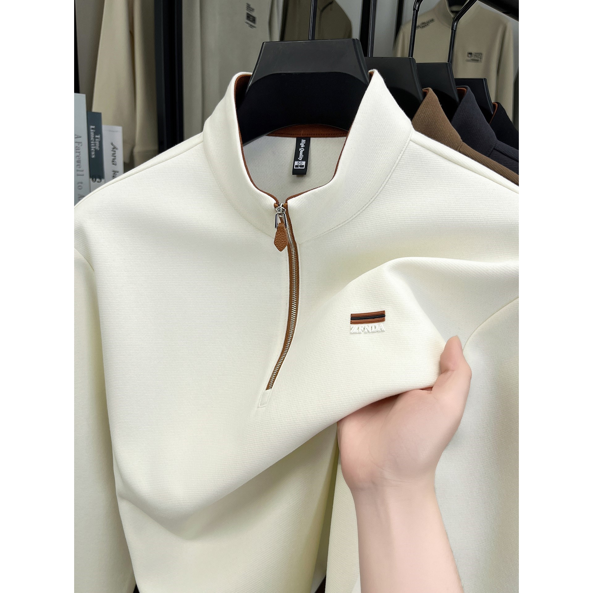 秋冬新款半高领拉链加厚卫衣丝光棉长袖T恤男打底衫休闲上衣男装