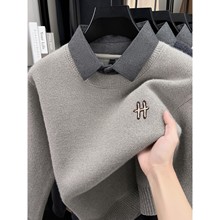 2025新款男士假两件衬衫领针织衫加绒加厚刺绣一体绒毛衣冬季潮流