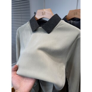 丝绒衬衫领假两件卫衣男款加绒加厚秋冬季中年纯色百搭上衣服内搭