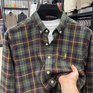格子衬衣男士 男春秋新款 休闲宽松上衣商务男 衬衫 保罗刺绣全棉长袖