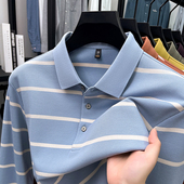 长袖 中年男士 T恤丝光棉翻领秋季 条纹POLO衫 商务上衣 新款 保罗衫