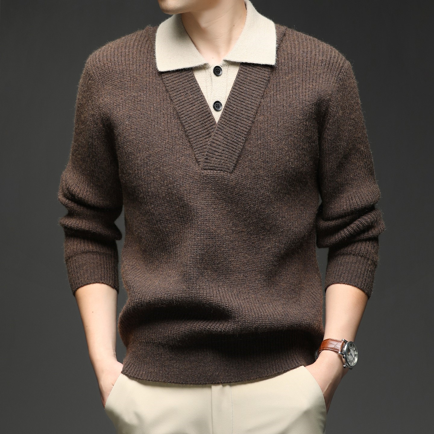 美式复古polo翻领毛衣男士秋冬季