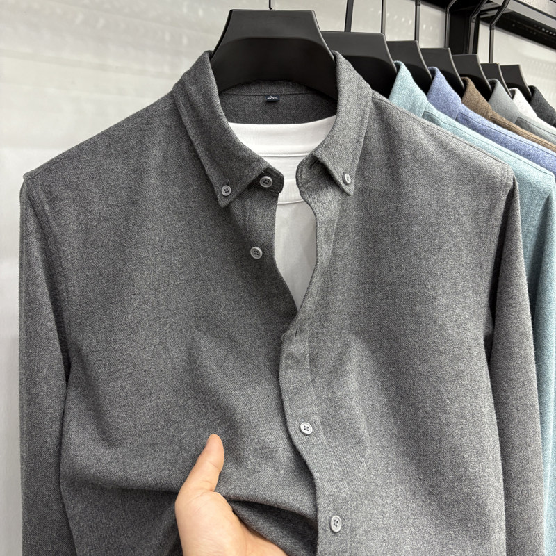 高端款衬衫男士长袖2025秋冬季新款中年男士轻奢纯色加厚磨毛衬衣