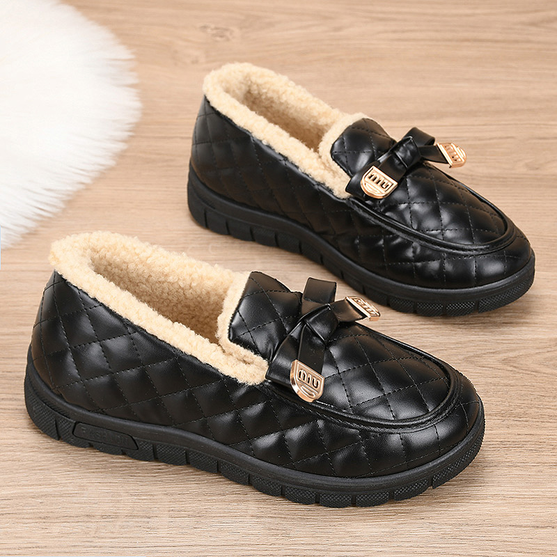 冬季老北京棉鞋女加绒保暖妈妈鞋棉靴皮面加厚防滑女士豆豆鞋平底